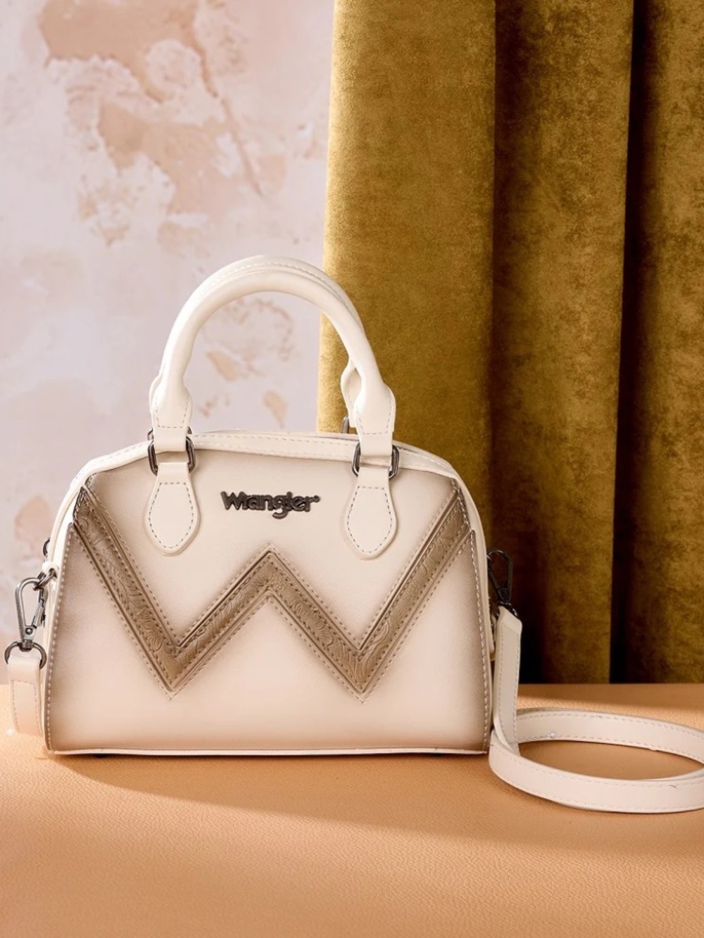 Wrangler Chevron Stitch Dome Satchel Crossbody Bag Beige